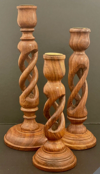 Vintage Oak Candlesticks - Set of 3
