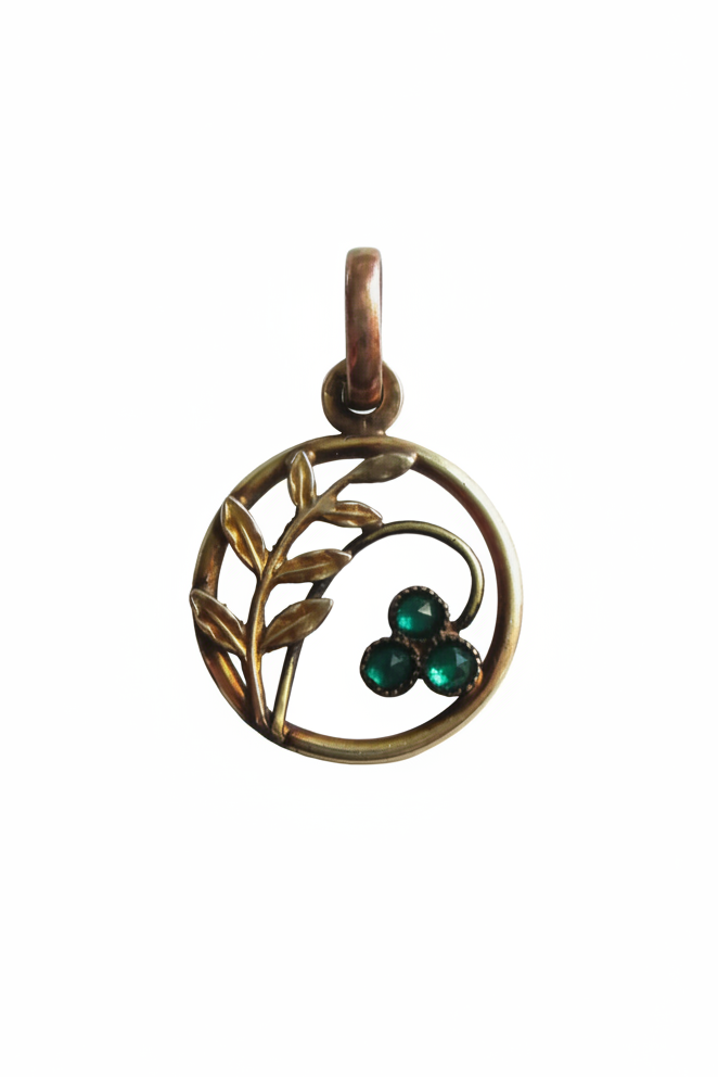 Vintage Floral + Green Rhinestone Pendant